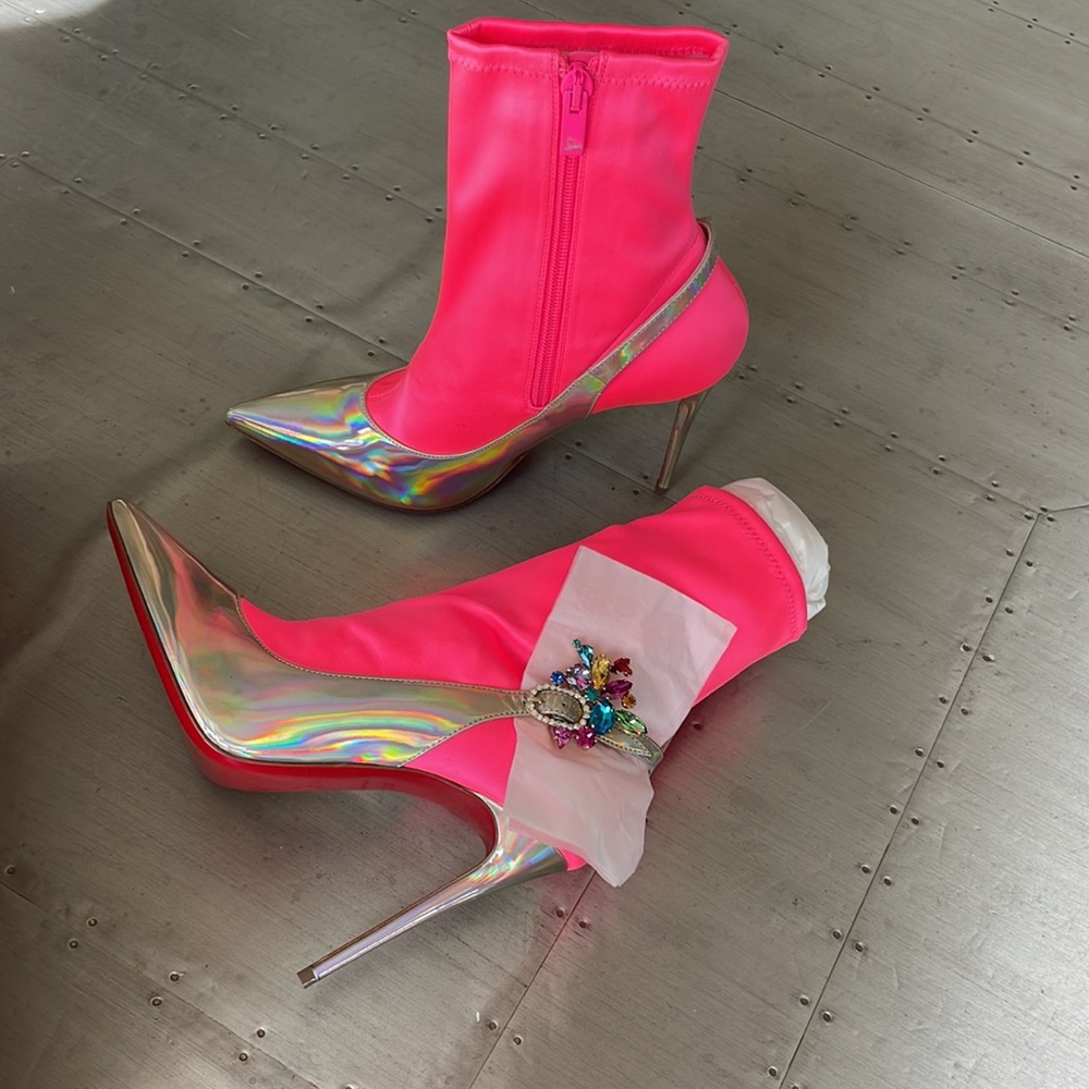 Christian louboutin Jessie booty 100mm stiletto boot barbie fluo neon sz 37.5 - Picture 5 of 13